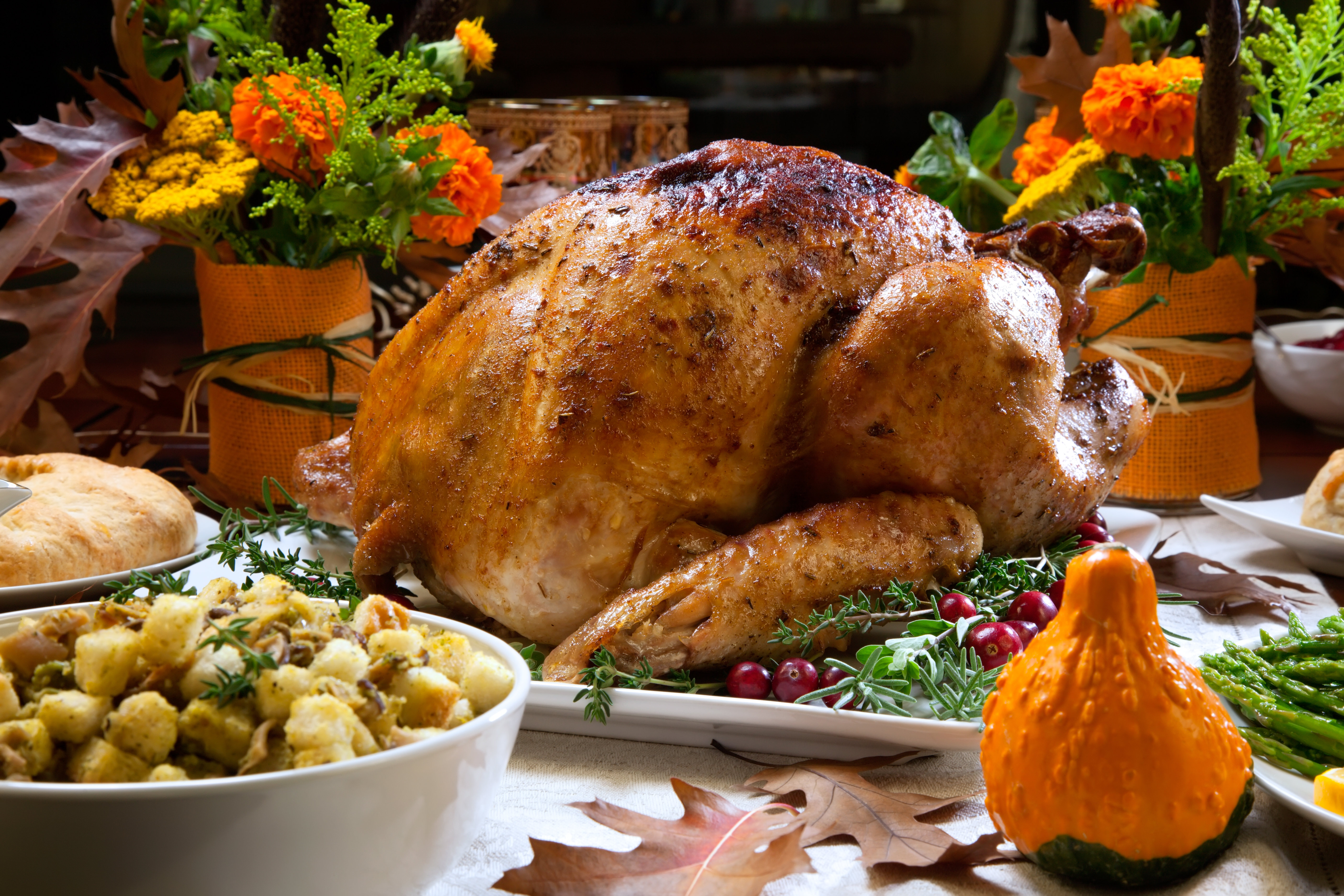 Roasted,Turkey,Garnished,With,Cranberries,On,A,Rustic,Style,Table